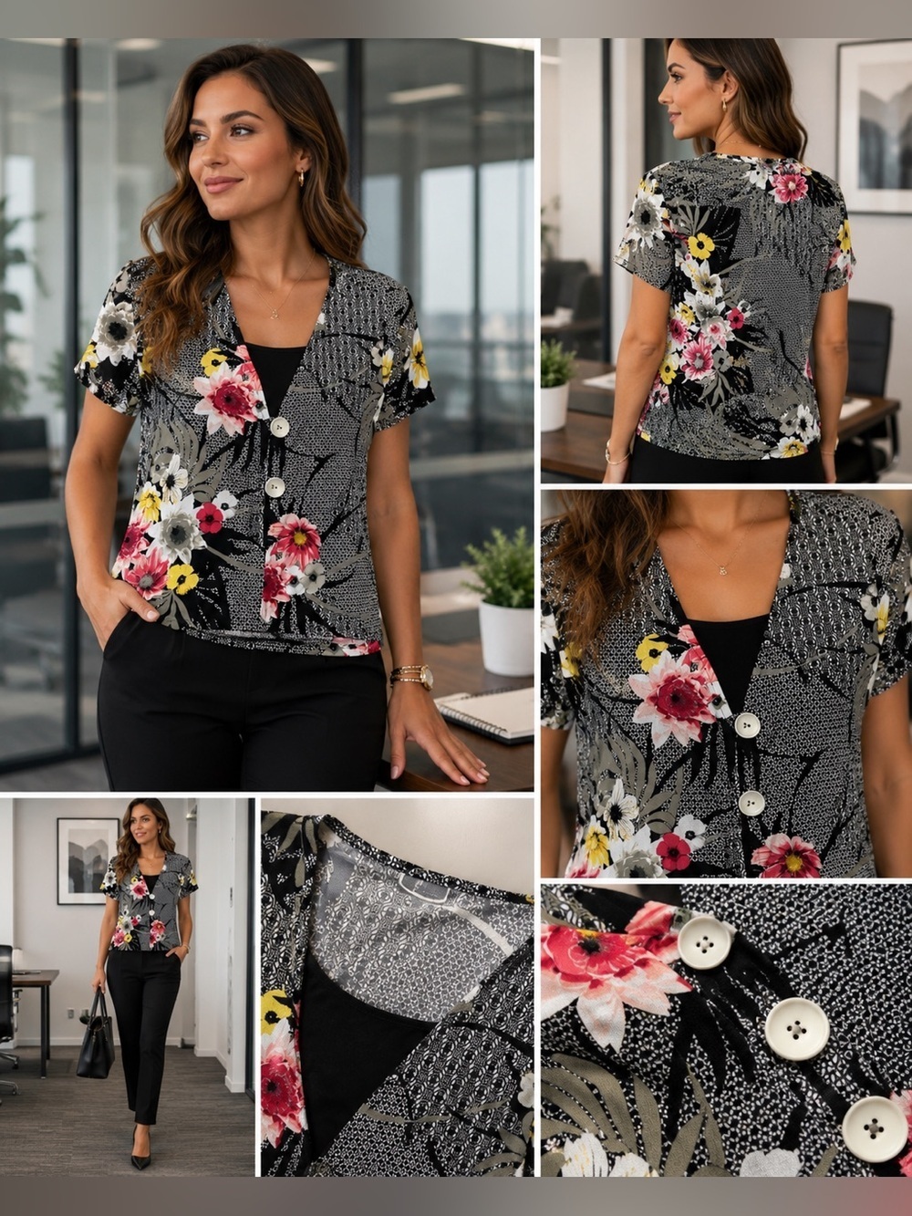 Floral Button Front Blouse XL | Layered Camisole Top | Casual Short Sleeve Shirt